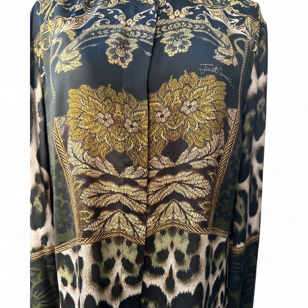 Just Cavalli Woman Black and Gold Silk Leopard Baroque Print Blouse. - Picture 8 of 13